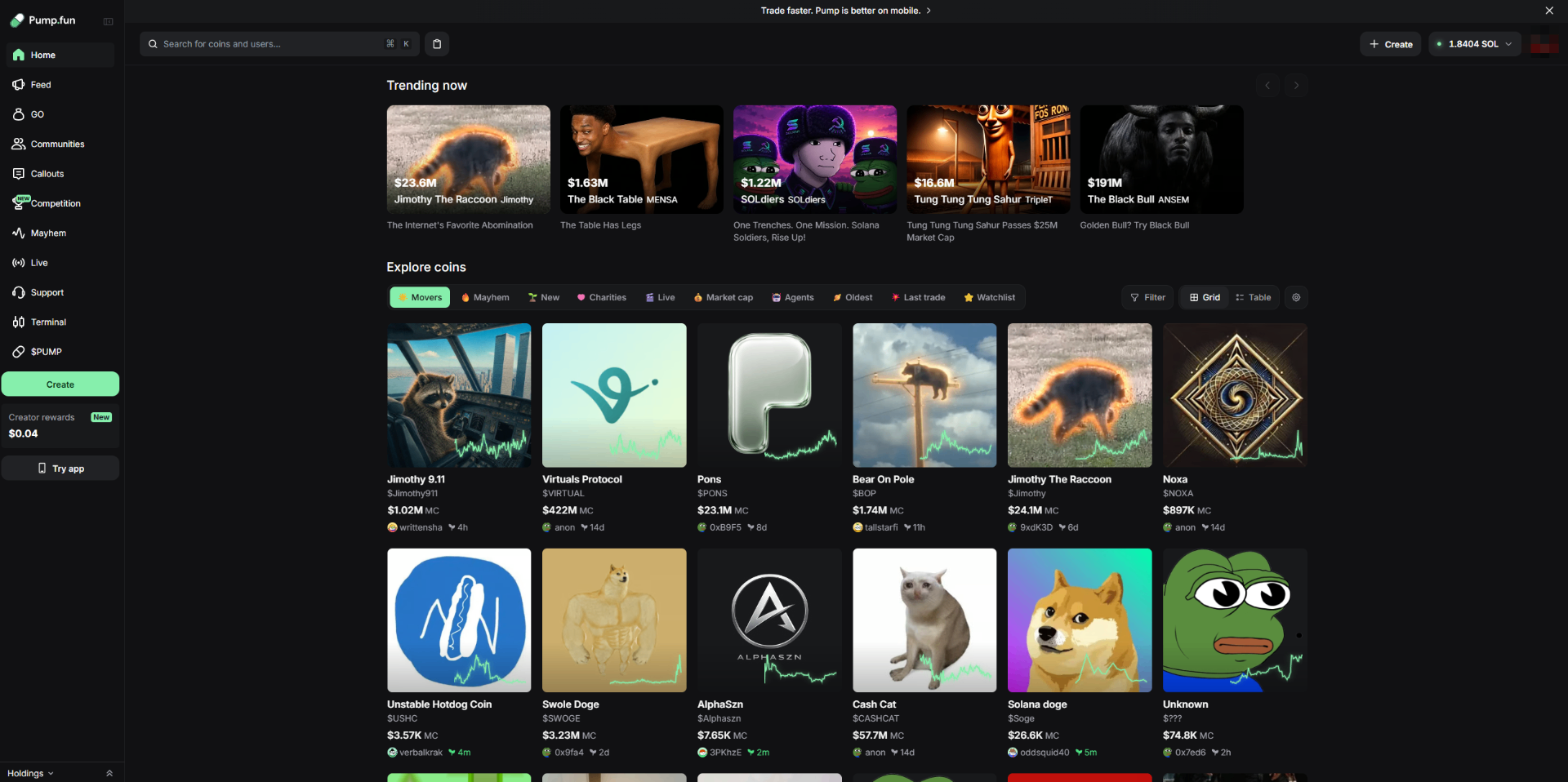 Pump.fun trending coins on the front page