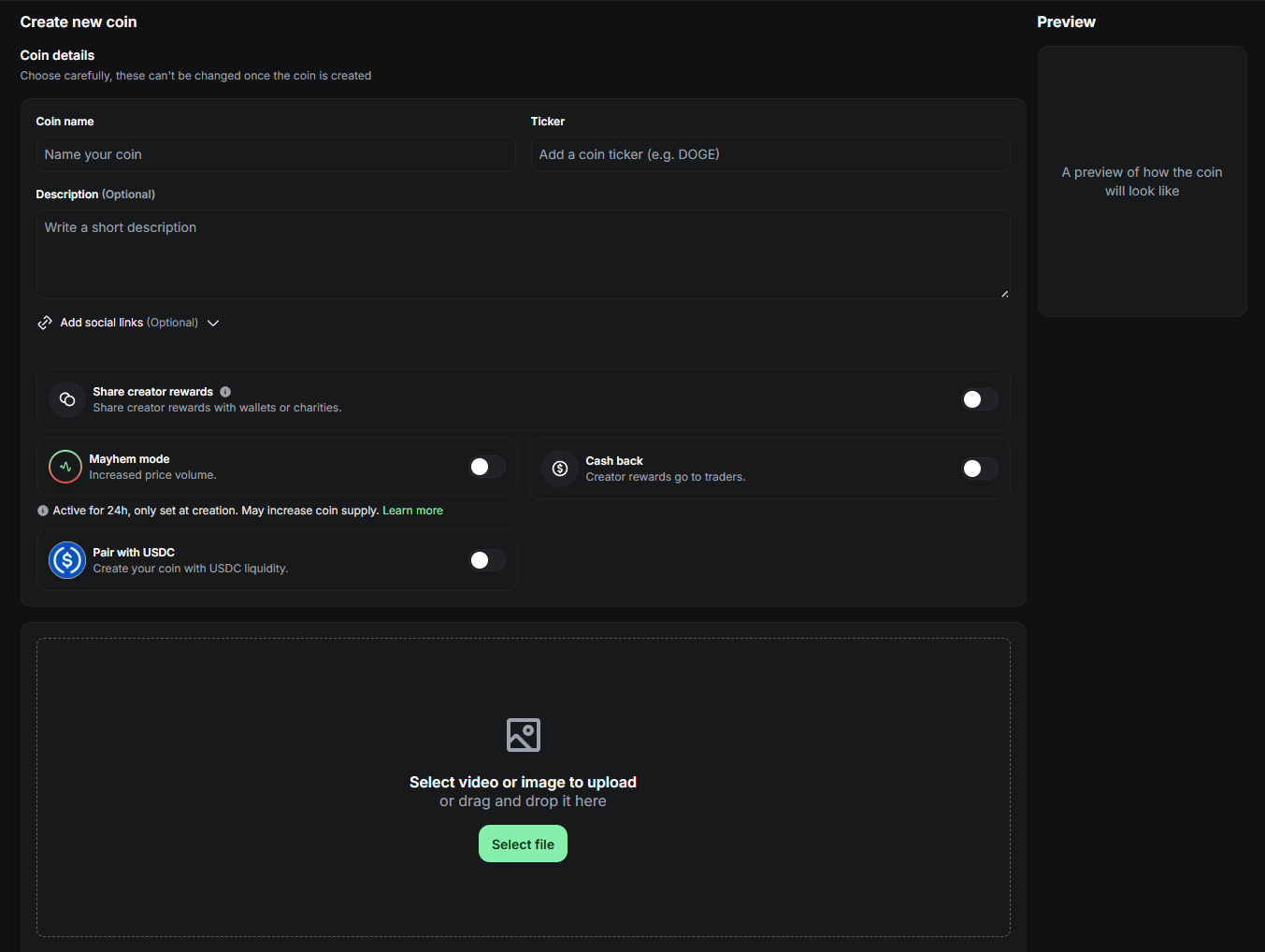 Pump.fun create coin screen